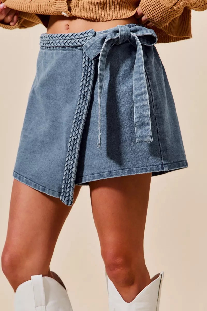 Blue So Me Wrap Braided Trimmed Denim Skort