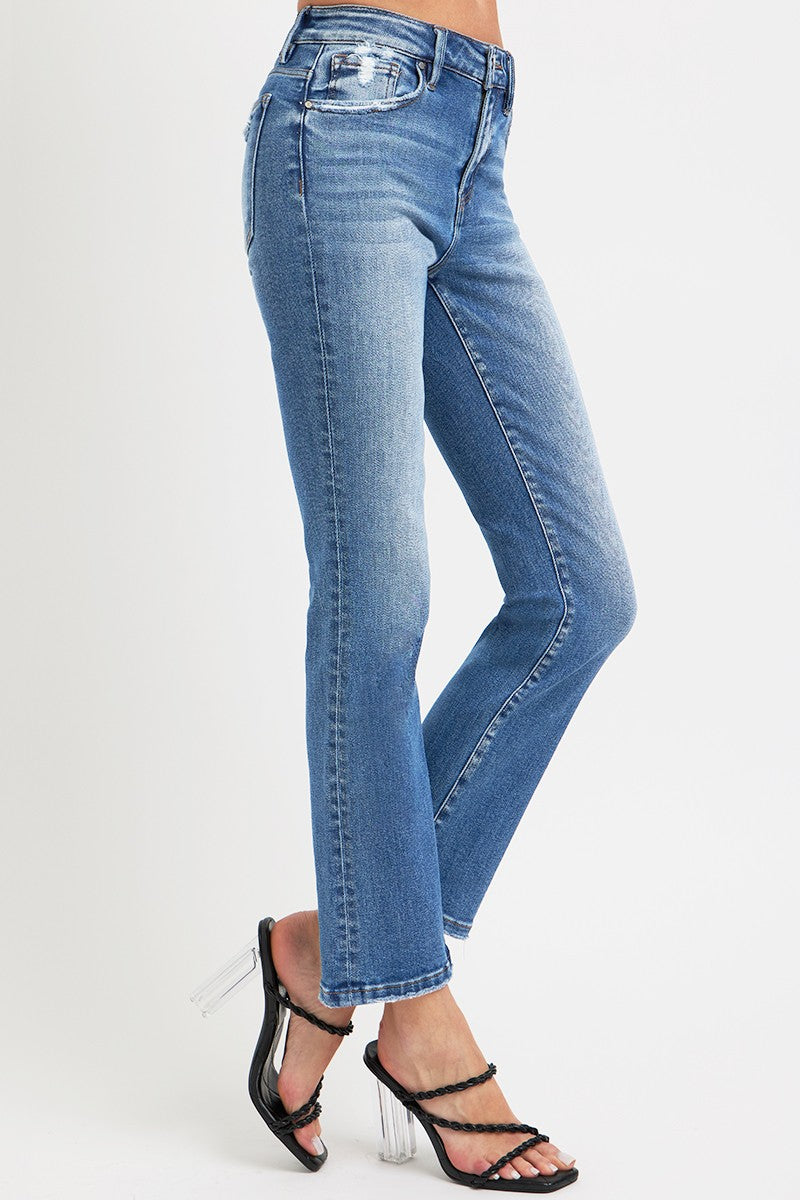 Dark Risen Full Size Mid Rise Ankle Straight Jeans With Pockets
