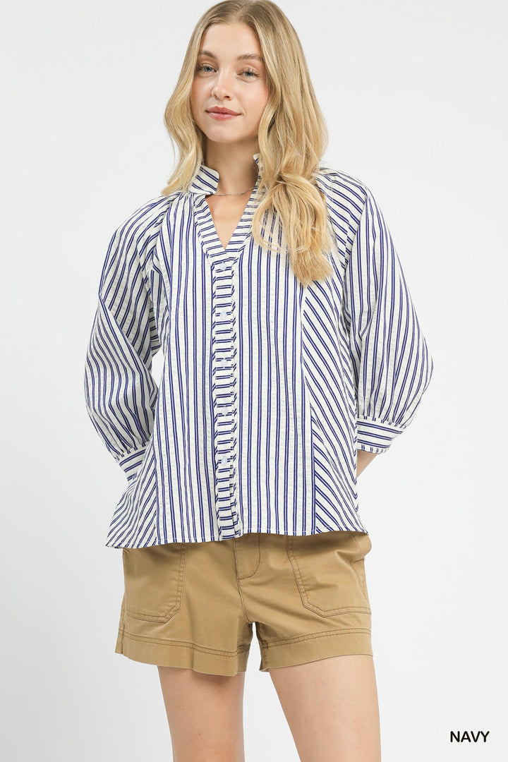 Navy Umgee Striped V Neck Button Down Top