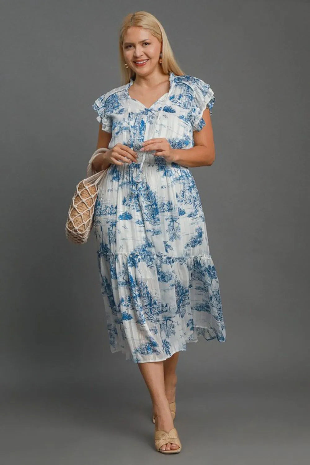 Sky Blue Umgee Full Size Two Tone Landscape Print Midi Dress Plus Size