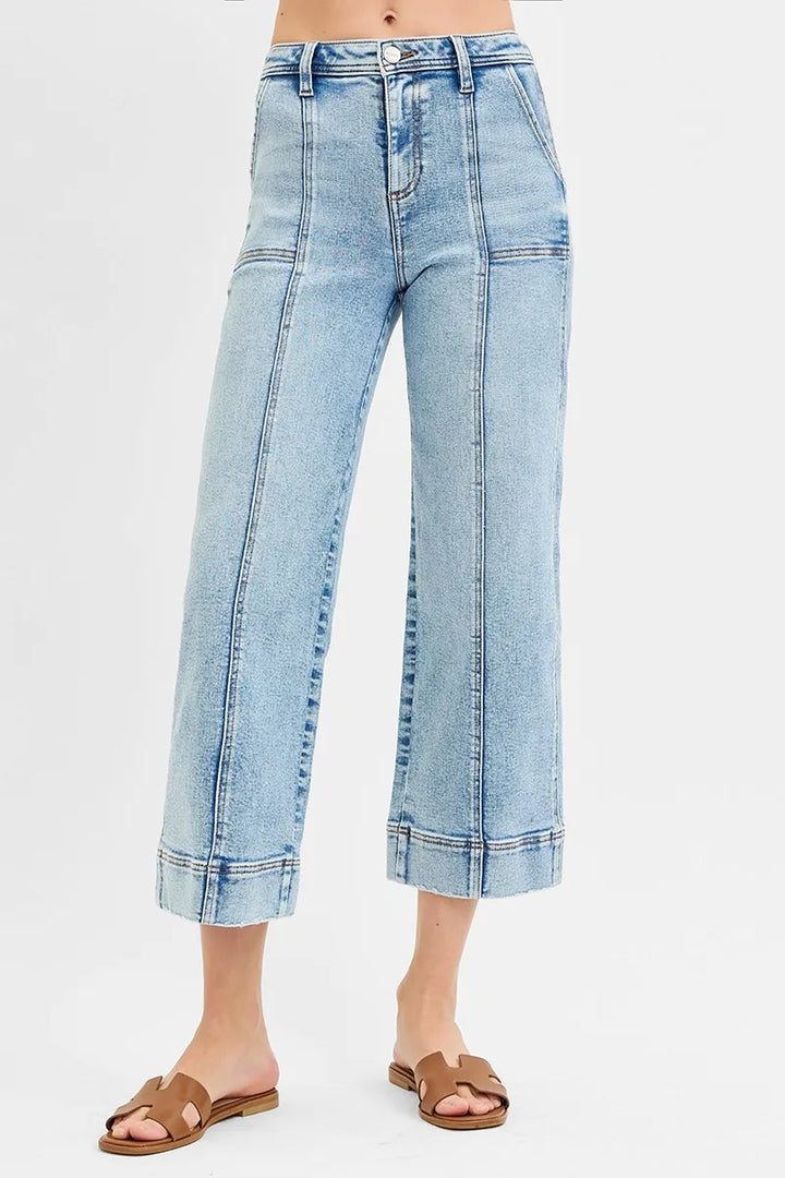 Light Risen Full Size High Rise Crop Wide Front Seam Detailed Jeans Plus Size