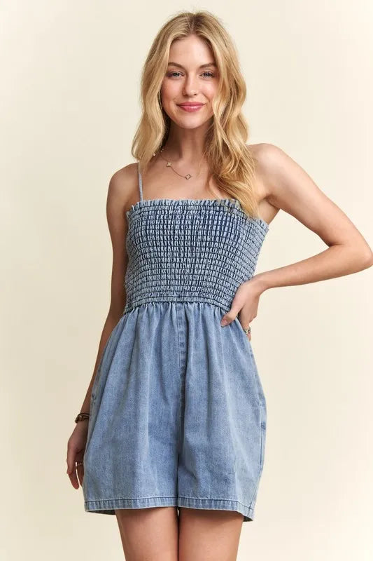 Adora Smocked Spaghetti Strap Denim Romper