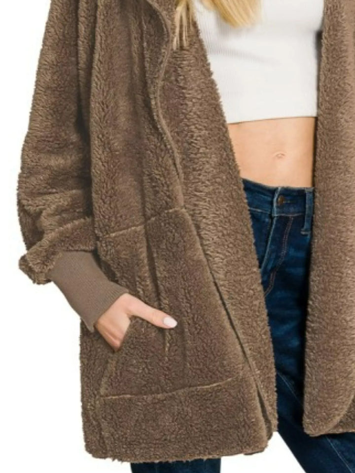 Zenana Hooded Faux Fur Jacket With Pockets 1