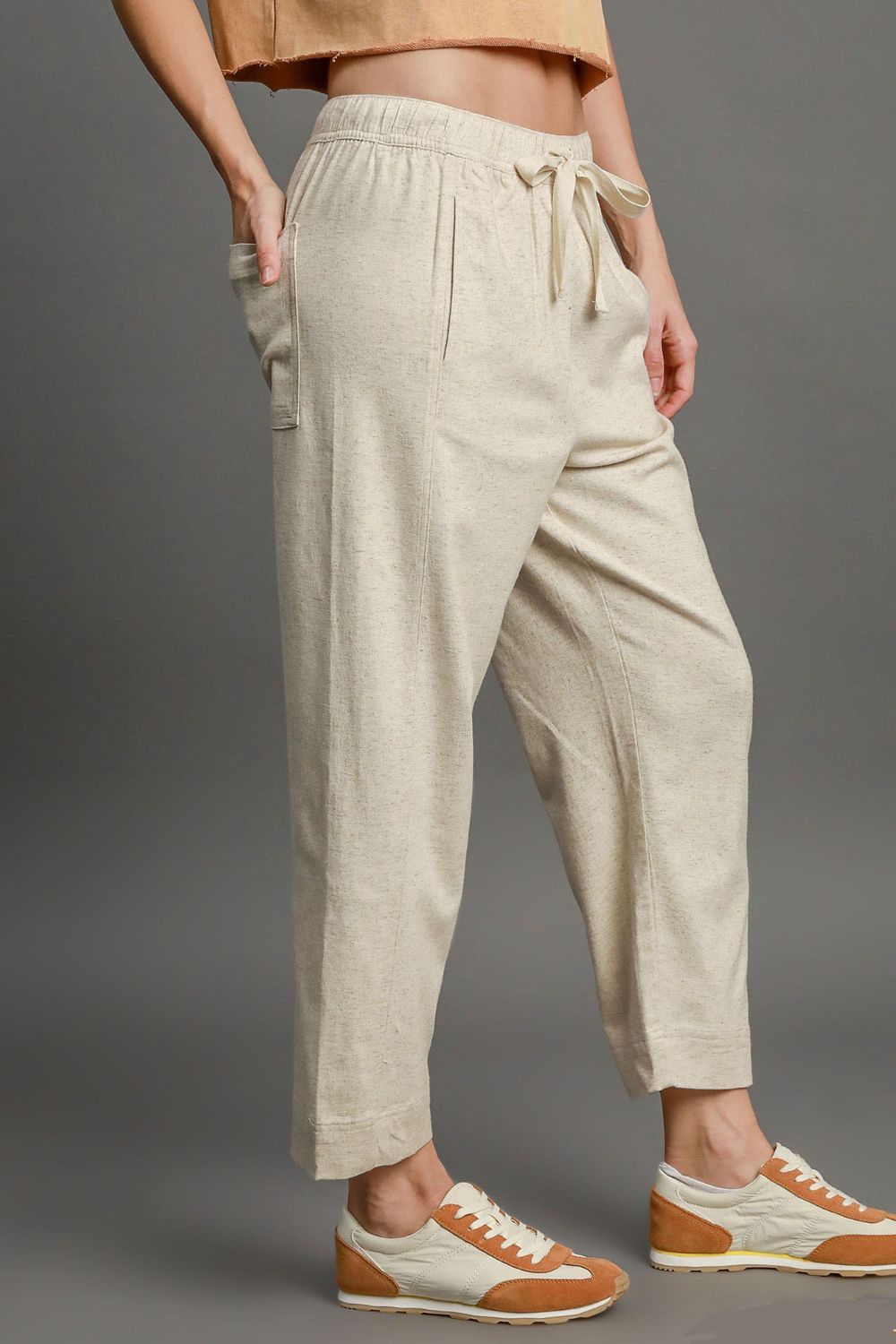 OATMEAL Umgee Full Size Drawstring Elastic Waistband Linen Blend Pants Plus Size