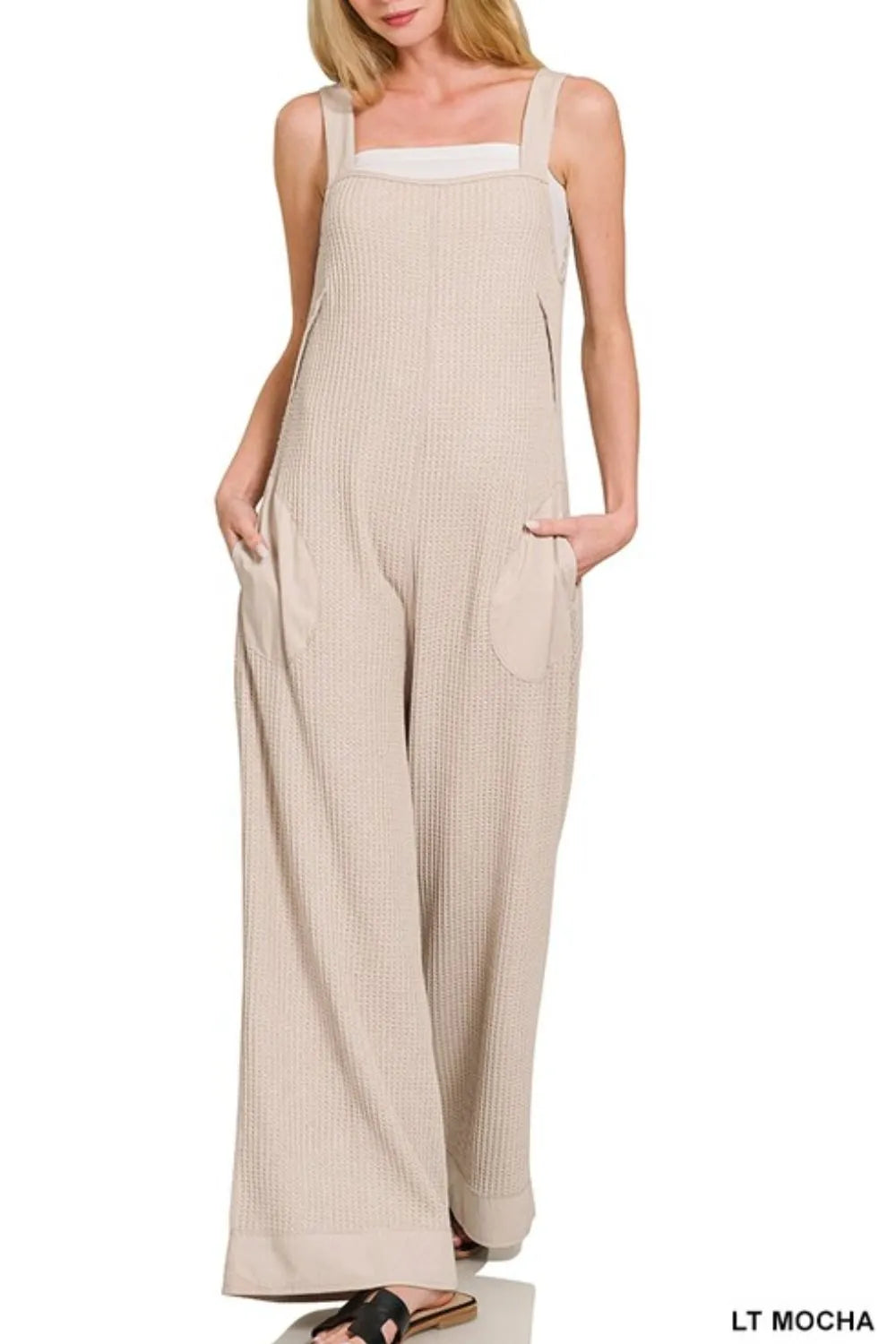 Lt Mocha Zenana Knit Waffle Wide Leg Overalls 5