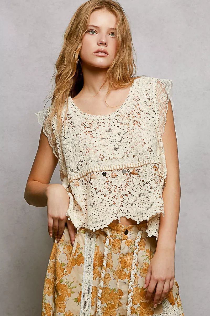 Pol Lace Trim Openwork V Neck Crochet Tank With Scalloped Edge