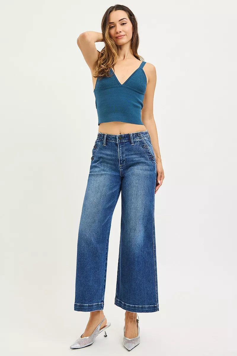 Dark Risen High Rise Wide Leg Jeans With Pocket Button Detail