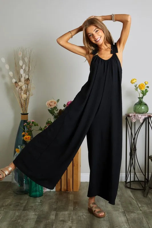 Black Adora Elastic Ruffle Shoulder Jumpsuit