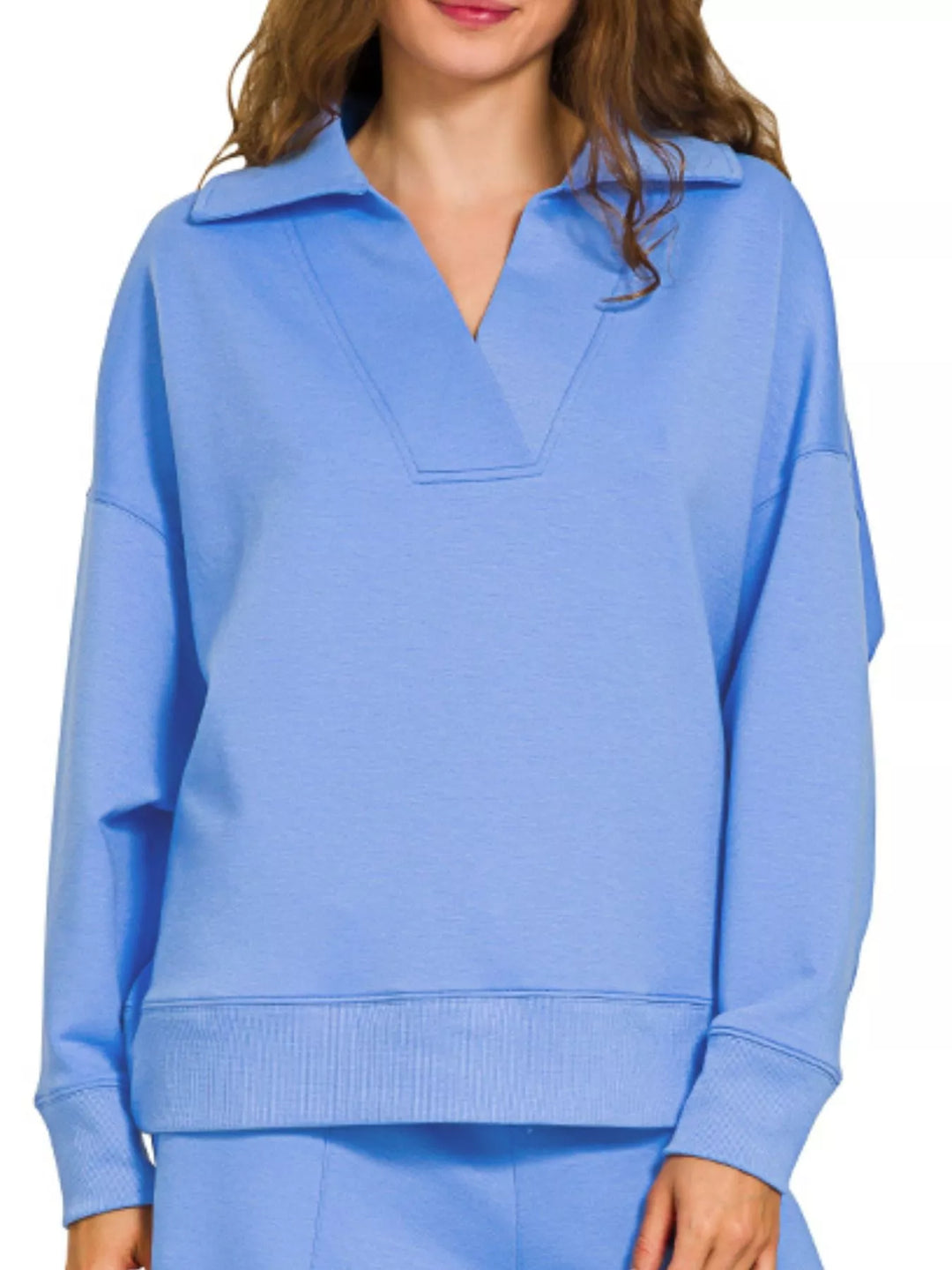 Cornflower Blue Zenana Scuba Collared Pullover And Pants Set