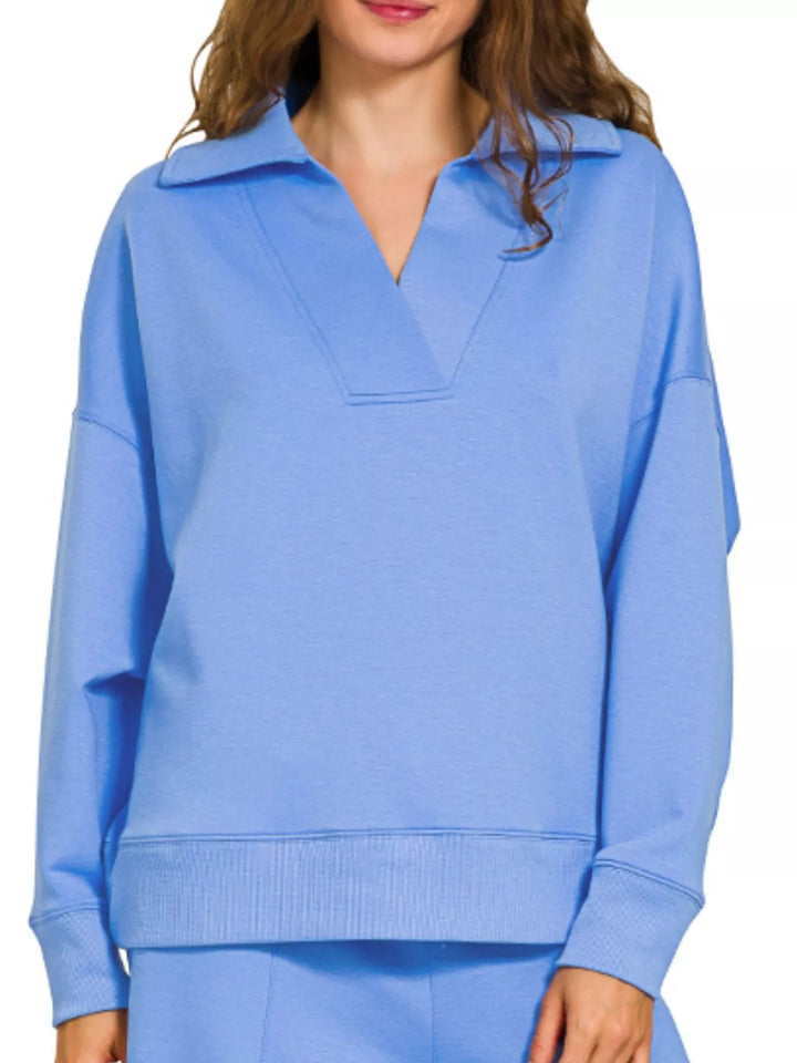 Cornflower Blue Zenana Scuba Collared Pullover And Pants Set