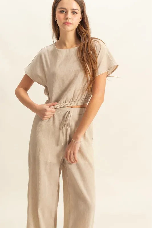 Tan Hyfve Round Neck Short Sleeve Top And Pants Set
