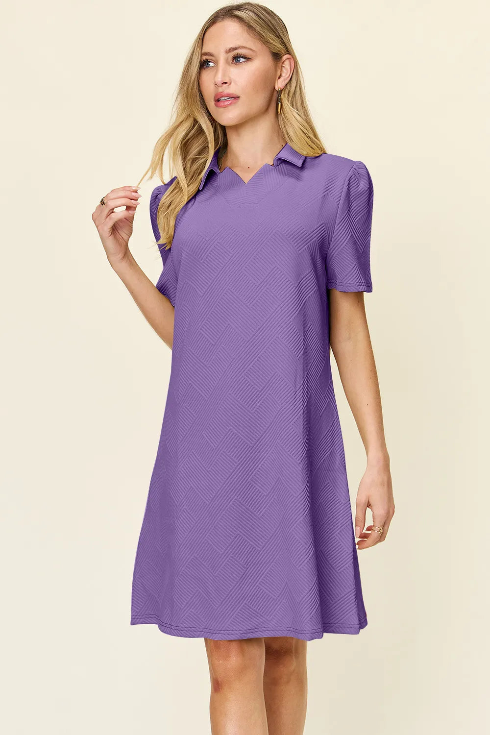 Lavender Double Take Full Size Texture Collared Neck Short Sleeve Dress