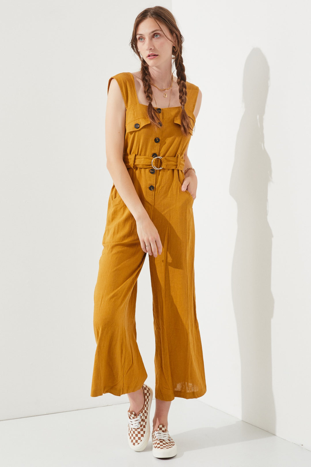 Black Sleeveless Square Neck Button Down Ankle Jumpsuit
