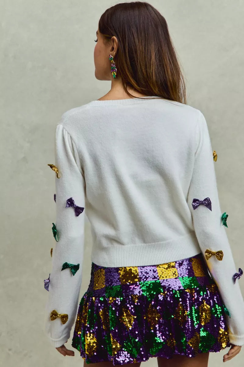 So Me Mardi Gras Glitter Bow Ribbon Sweater Knit Top