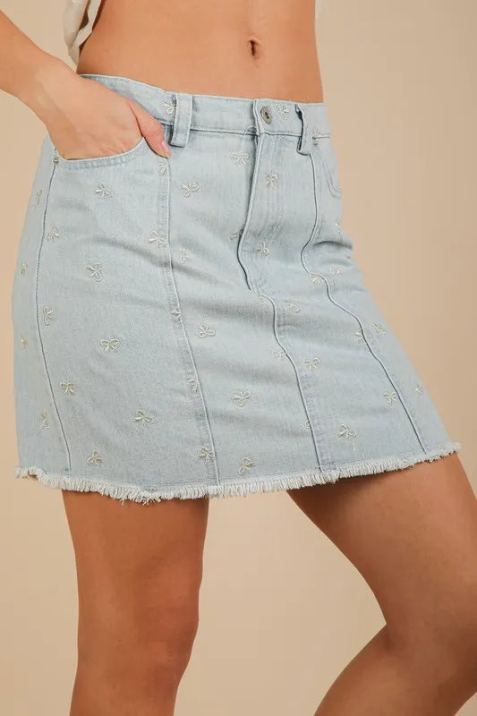 Lt Indigo Very J Bow Printed Casual Denim Mini Skirt 1