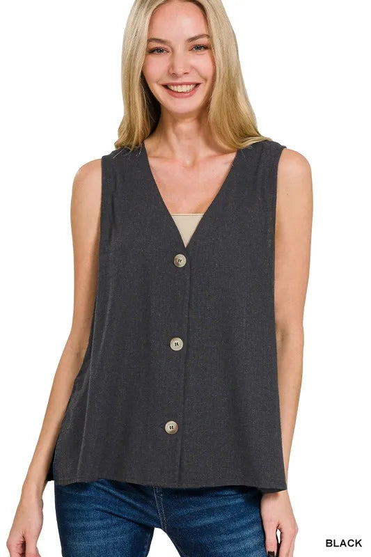 Black Zenana Side Slit Button Front Vest
