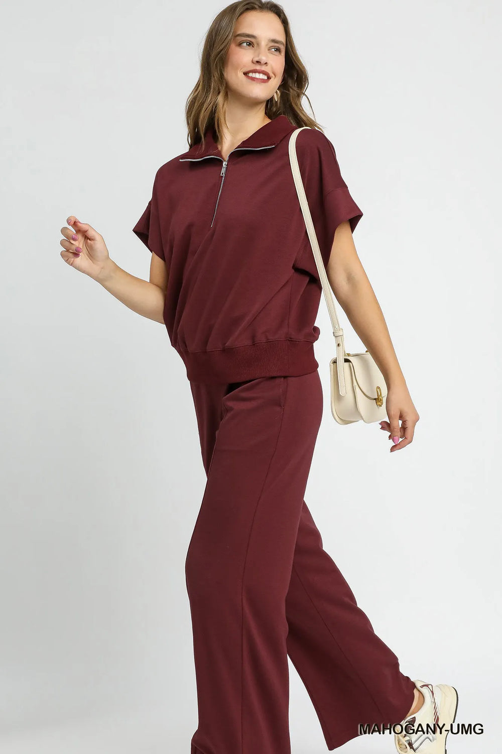 Mahogany Umgee Full Size Half Zip Short Sleeve Top Plus Size