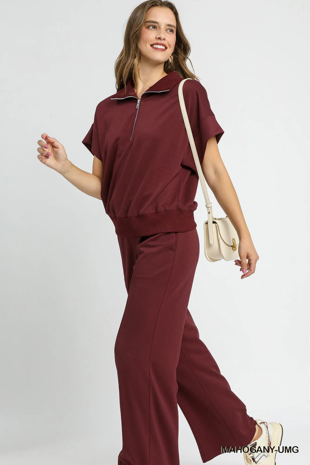 Mahogany Umgee Full Size Half Zip Short Sleeve Top Plus Size