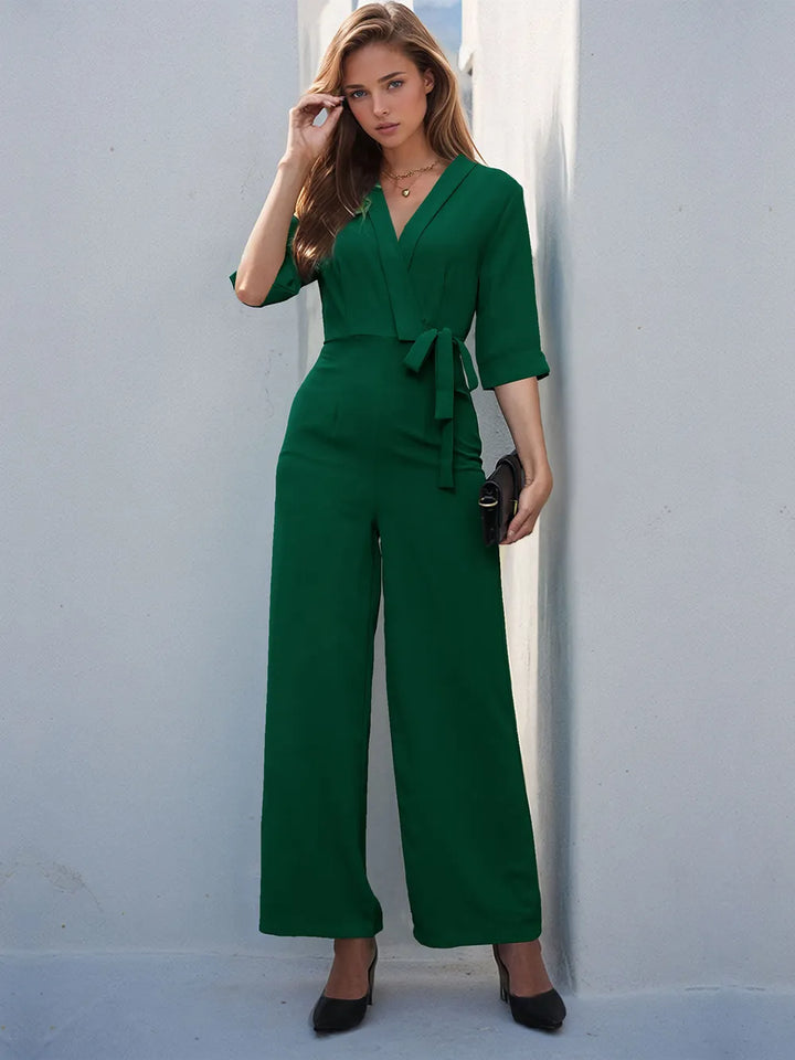 Dark Green Perfee Surplice Half Sleeve Wide Leg Jumpsuit