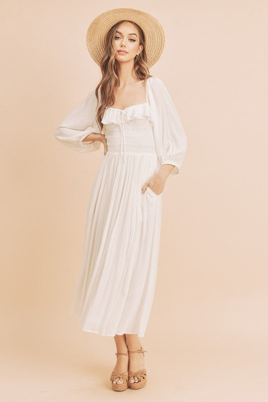 White Aemi Co Ruffled Smocked Square Neck Balloon Sleeve Dress