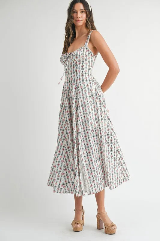 Mable Floral Print Bustier Back Lace Up Midi Dress 1