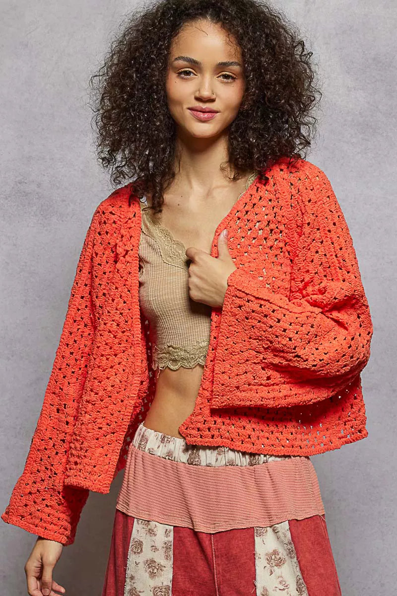 Neon Orange Pol Open Front Cardigan With Crochet Patterns