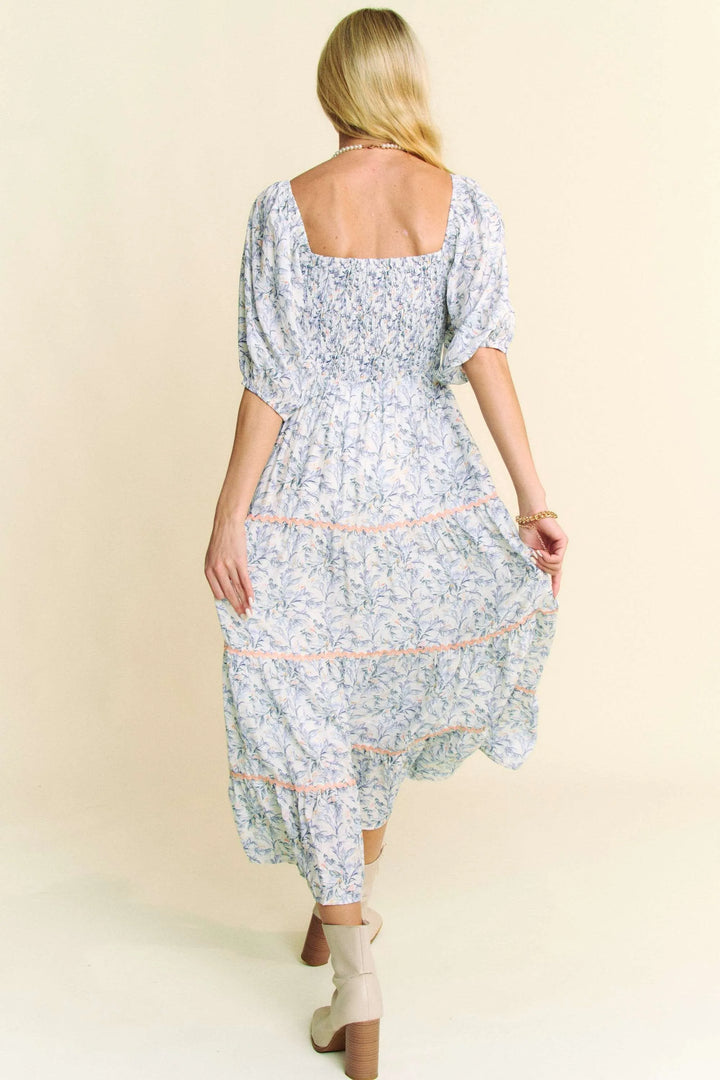 Davi Dani Contrast Ric Smocking Bodice Tiered Midi Dress