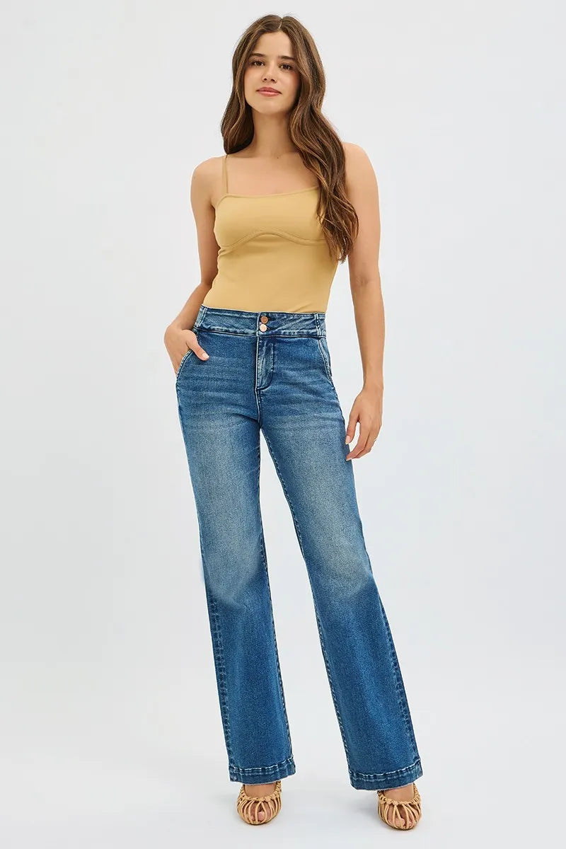 Dark Risen Full Size Tummy Control High Rise Bootcut Jeans With Double Button Waistband Plus Size