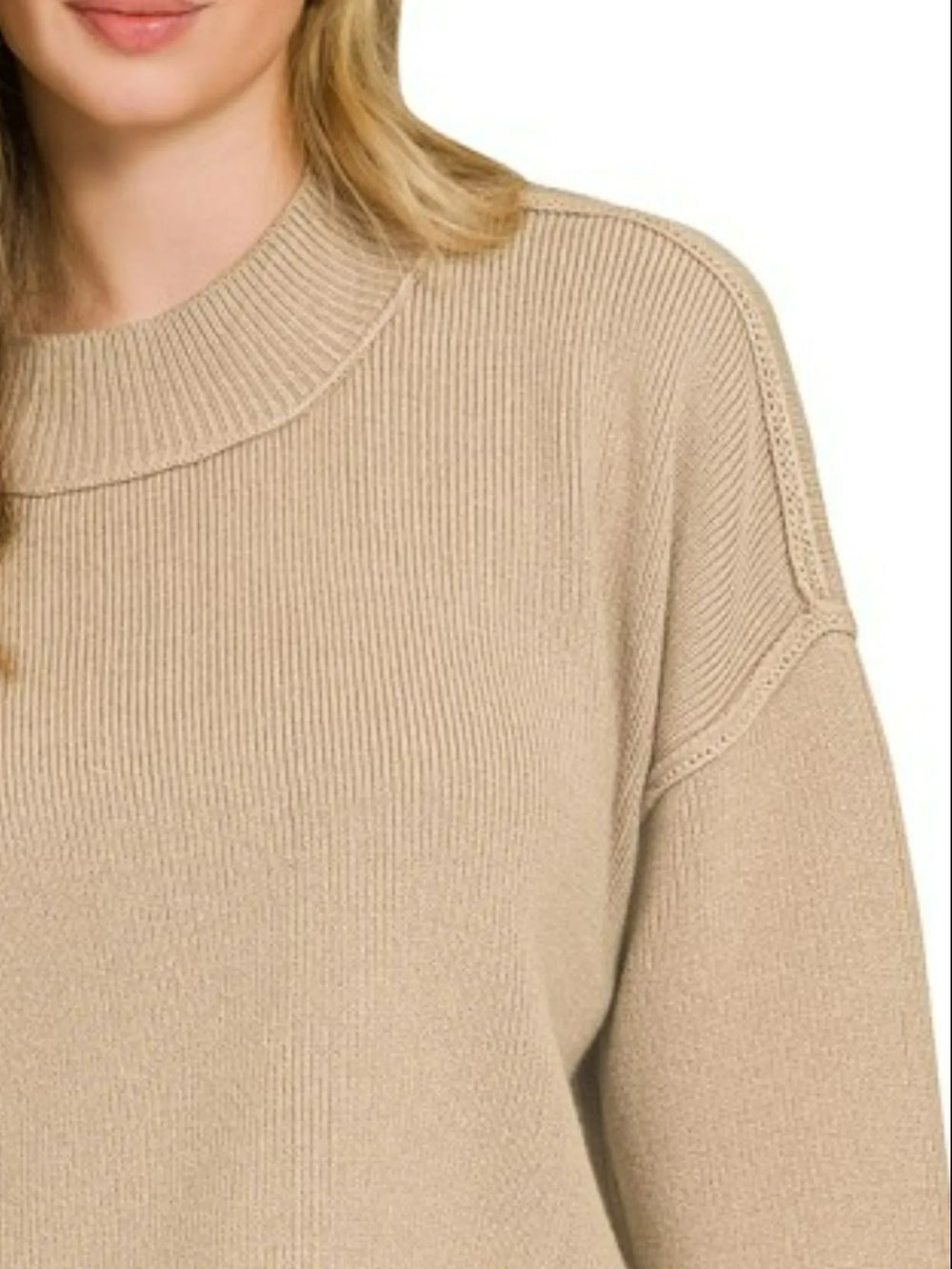 Lt Mocha Zenana Wide Neck Band Drop Shoulder Sweater