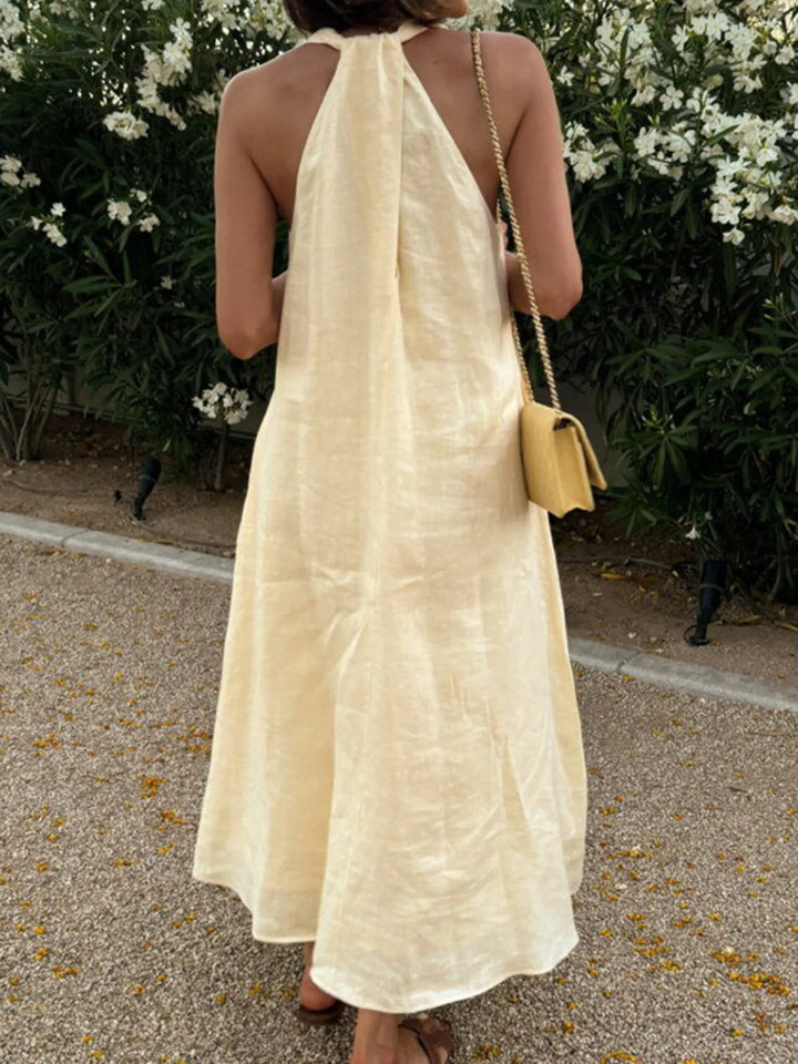 Yellow Halter V Neck Linen Midi Dress
