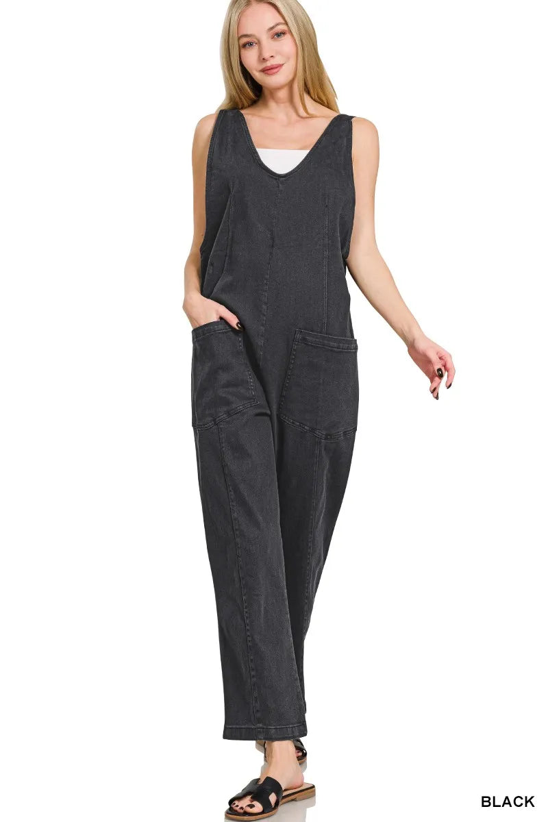 Black Zenana Casual Adjustable Strap Baggy Jumpsuit With Pocket 1