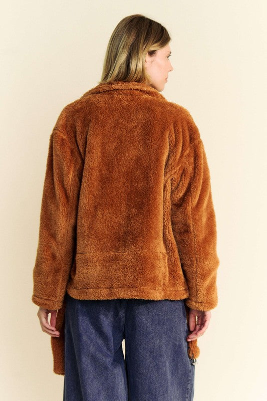 Brown Davi Dani Fuzzy Zip Up Collared Neck Jacket