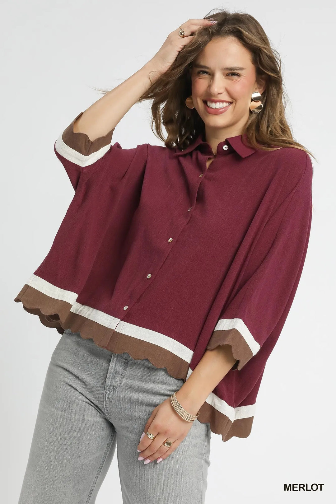 Merlot Umgee Colorblock Button Down Shirt With Scallop Hem