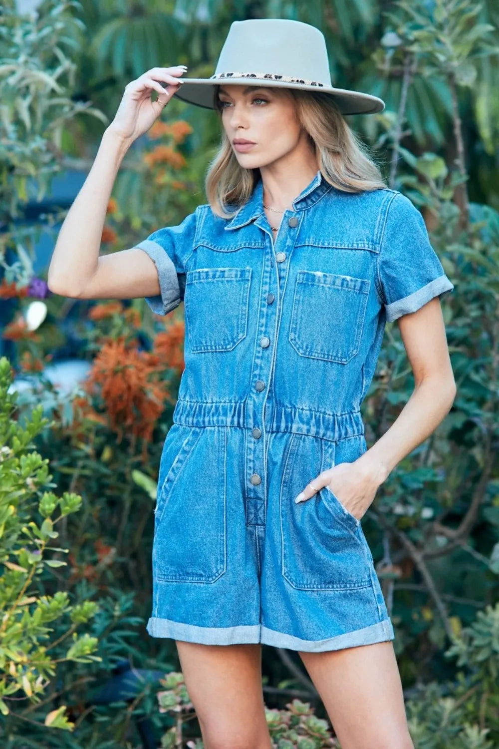 Medwash Veveret Elastic Waistband Denim Romper