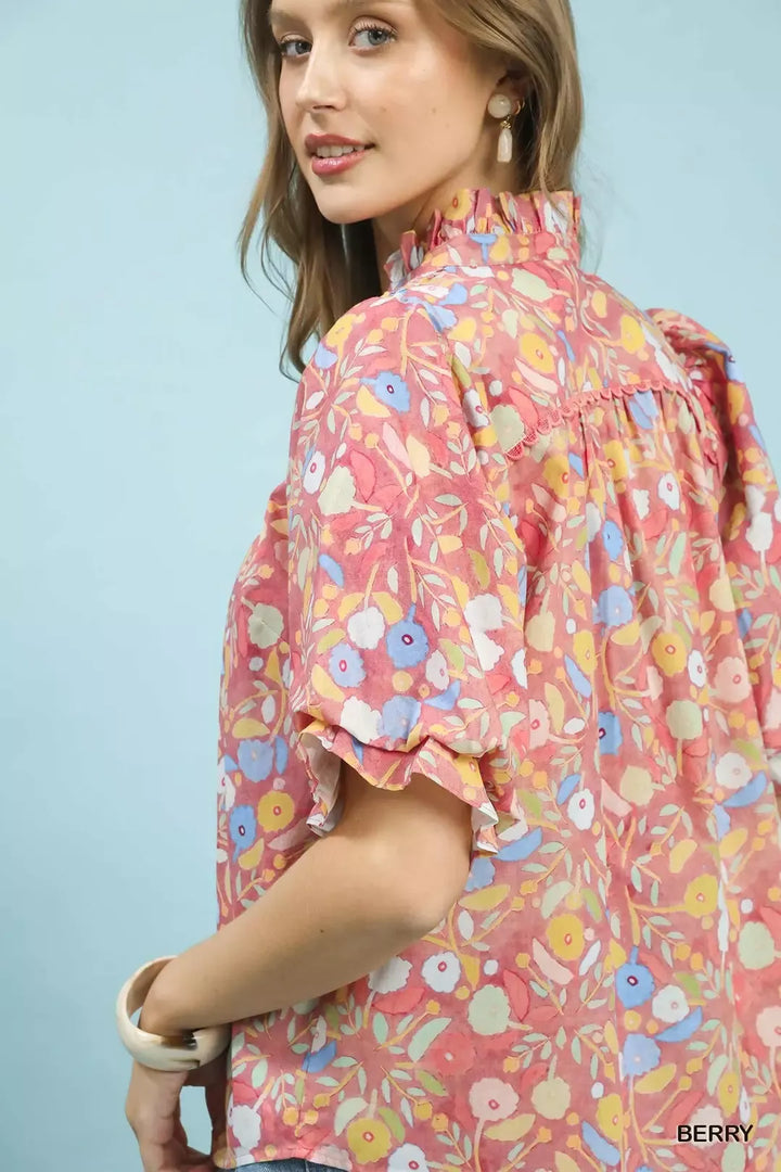 Berry Umgee Smocked Floral Ruffle Trim Top 1