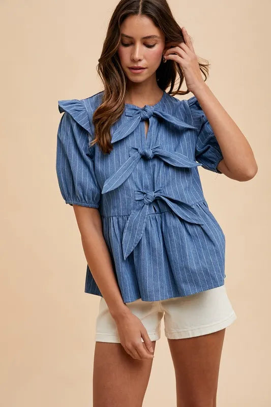 Medium Denim Annie Wear Stripe Front Bow Denim Peplum Blouse