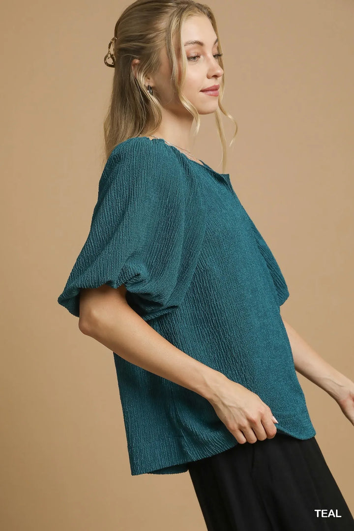 Umgee Textured Flutter Sleeve Notch Neck Top 1