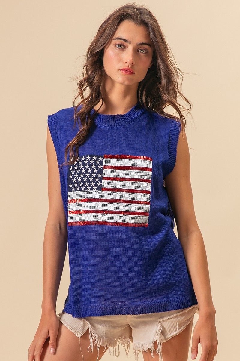 Bibi American Flag Sequins Patch Knit Vest
