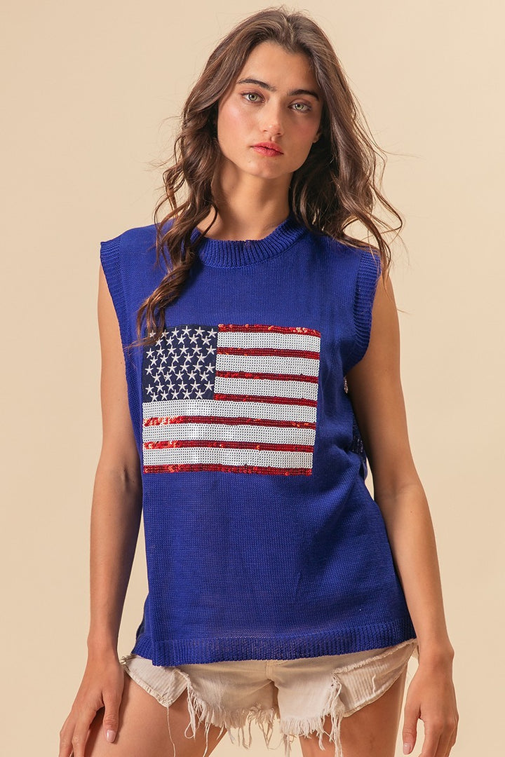 Bibi American Flag Sequins Patch Knit Vest