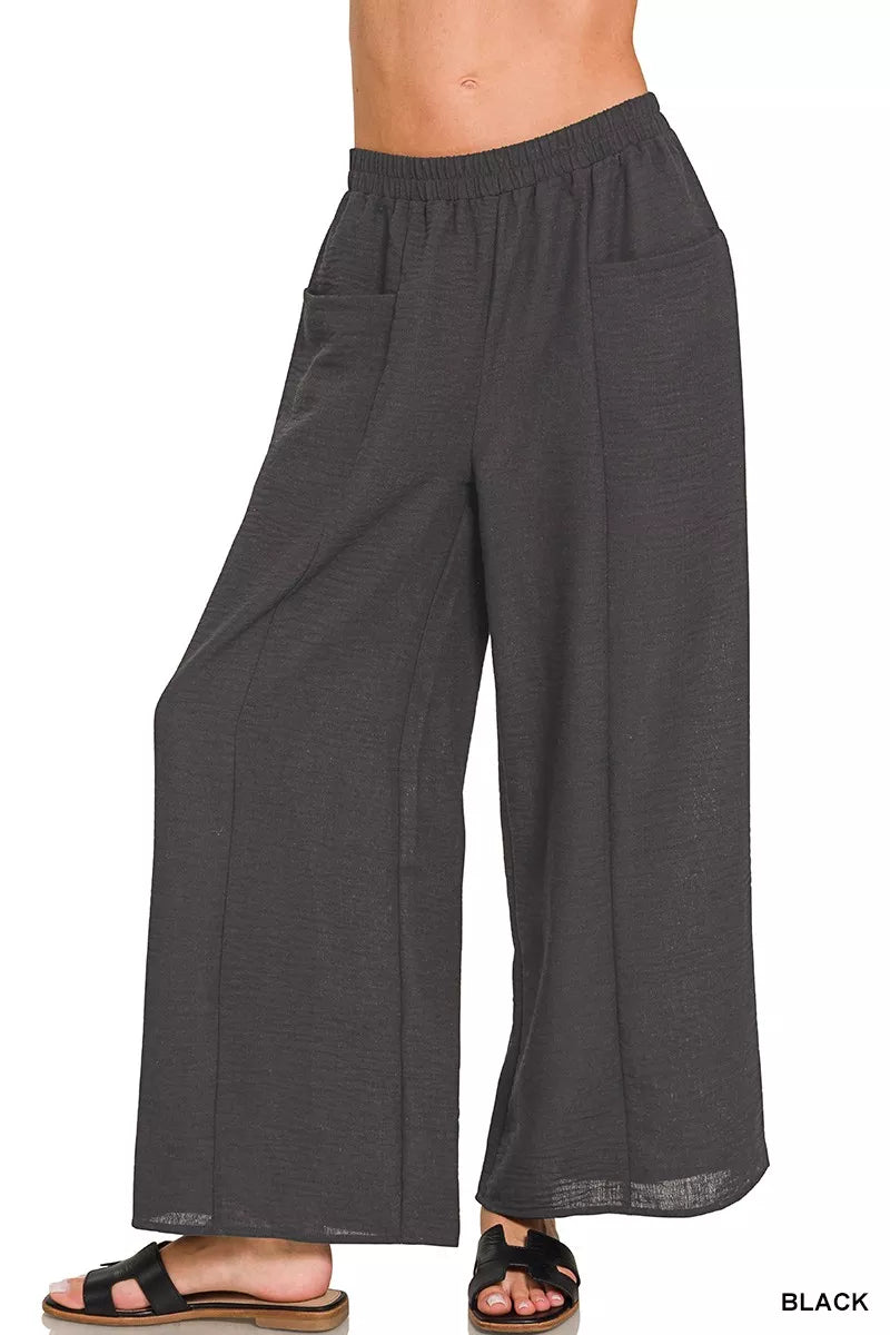 Black Zenana Woven Airflow Elastic Waistband Pants 3