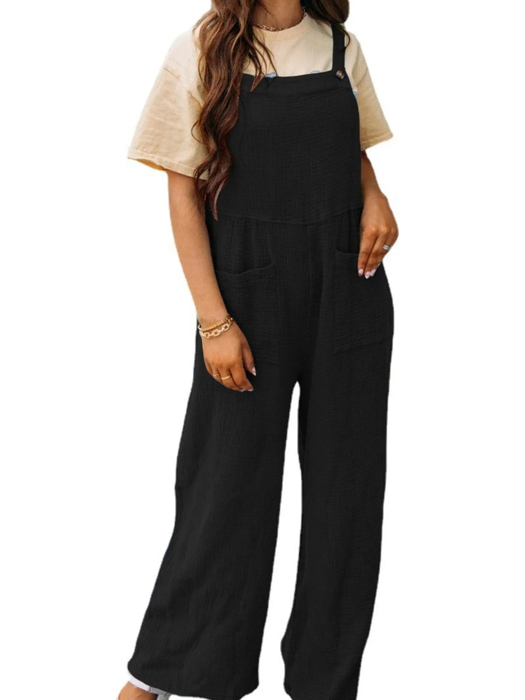 Dark Blue Full Size Casual Wide Leg Textured Overalls Plus Size