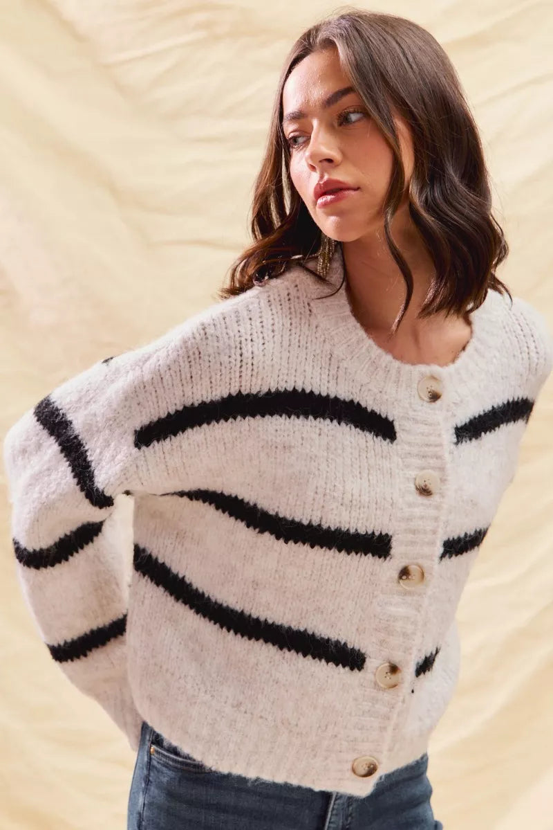 So Me Stripe Soft Touch Button Cozy Sweater Cardigan