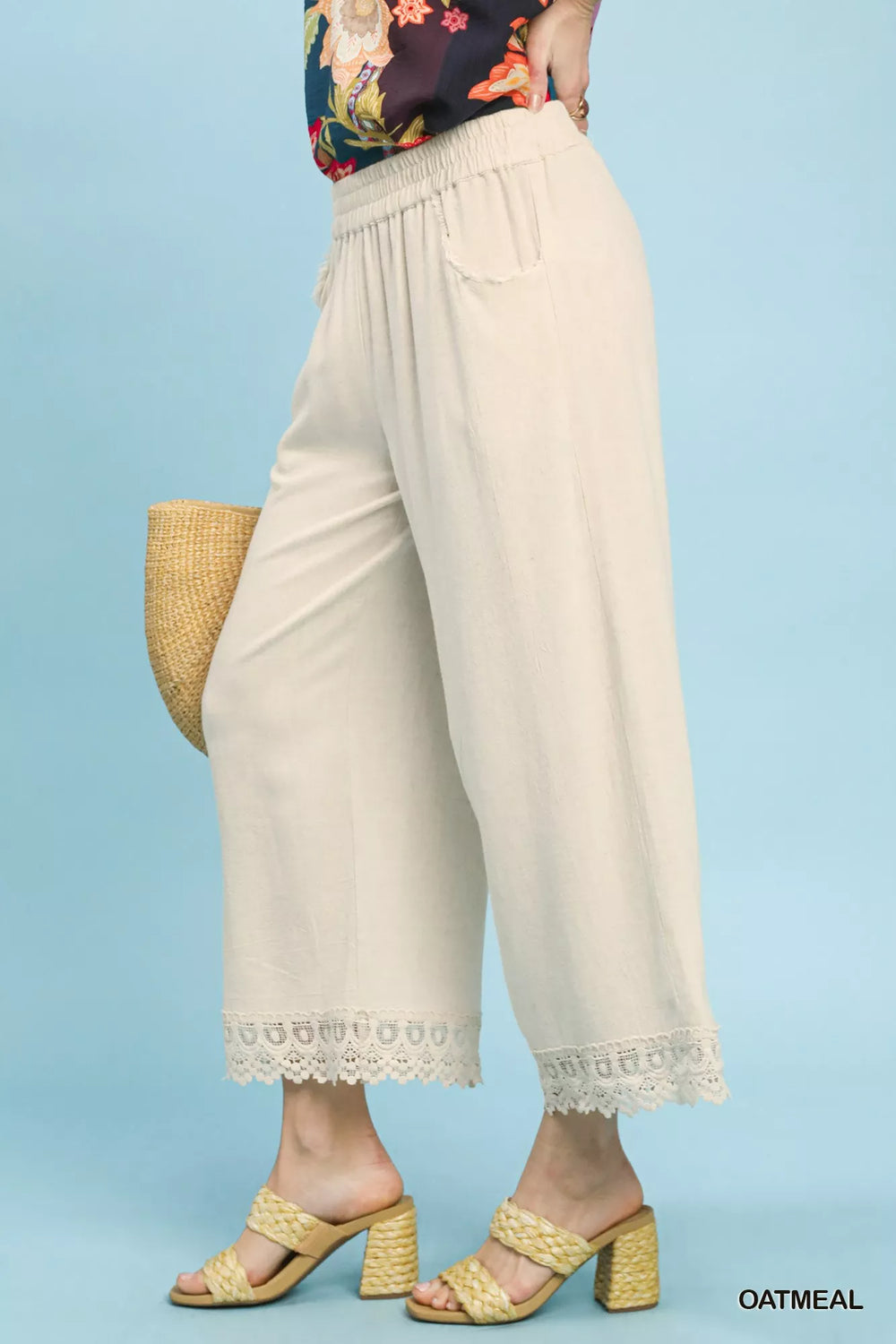 Oatmeal Umgee Linen Wide Leg Cropped Pants With Lace Trim