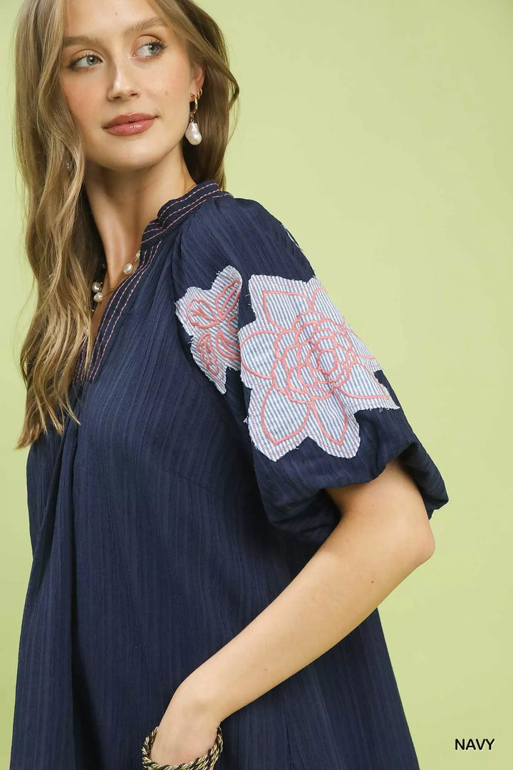 Umgee Embroidered Balloon Sleeve Notch Neck Blouse