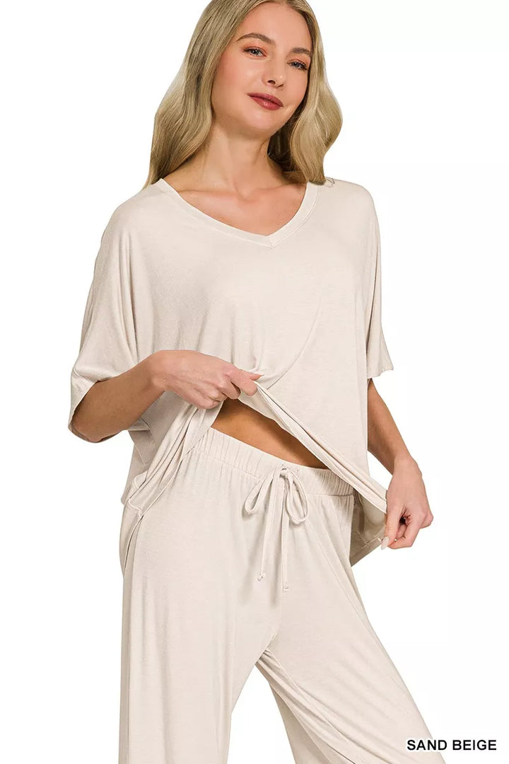 Sand Beige Zenana V Neck Oversized Top Pants Set