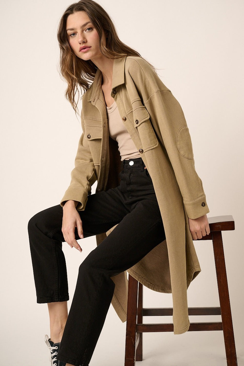 Taupe Mittoshop Acid Wash French Terry Longline Shacket