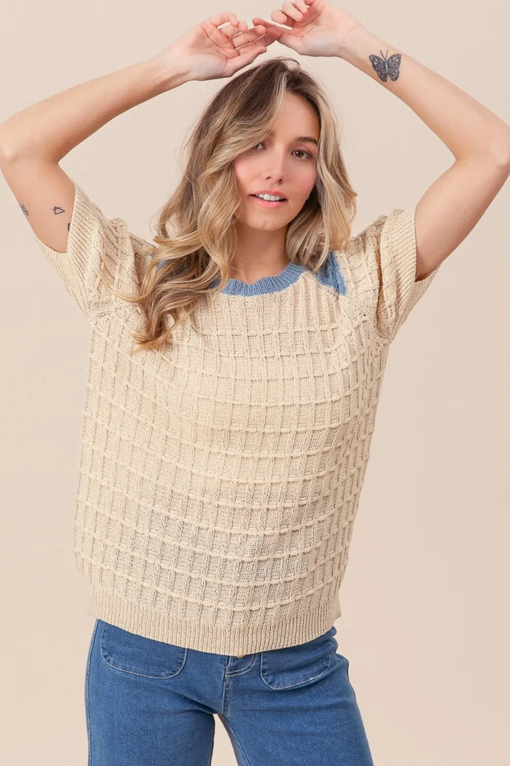 Oatmeal/Denim Bibi Textured Contrast Short Sleeve Sweater