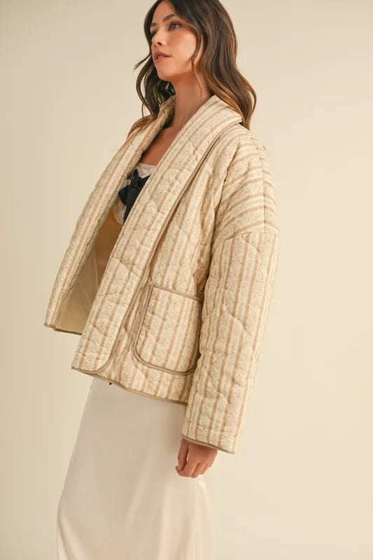 Lt Taupe Mable Floral Printed Quilted Open Jacket
