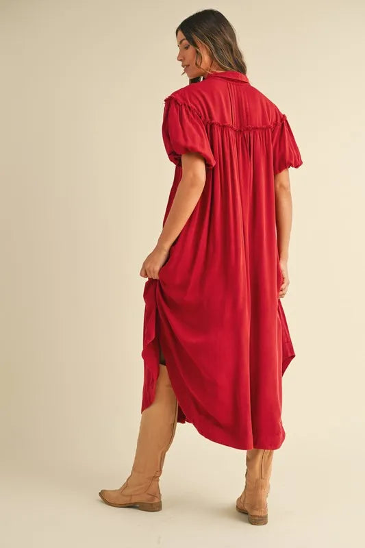 Deep Red Annie Wear Mineral Washed Button Down Puff Sleeve Shirt Dress