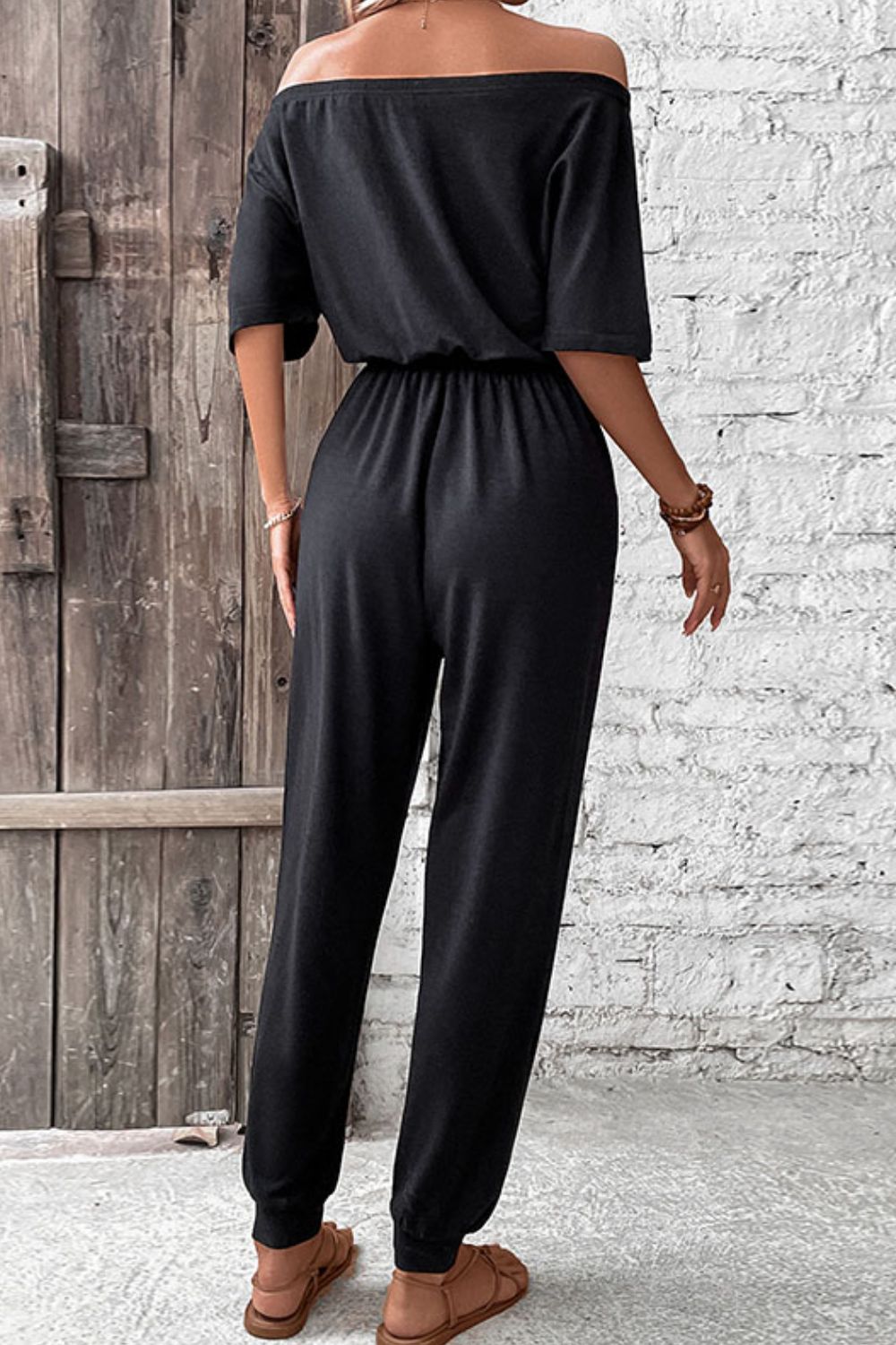 Black Perfee Off Shoulder Jumpsuit With Pockets